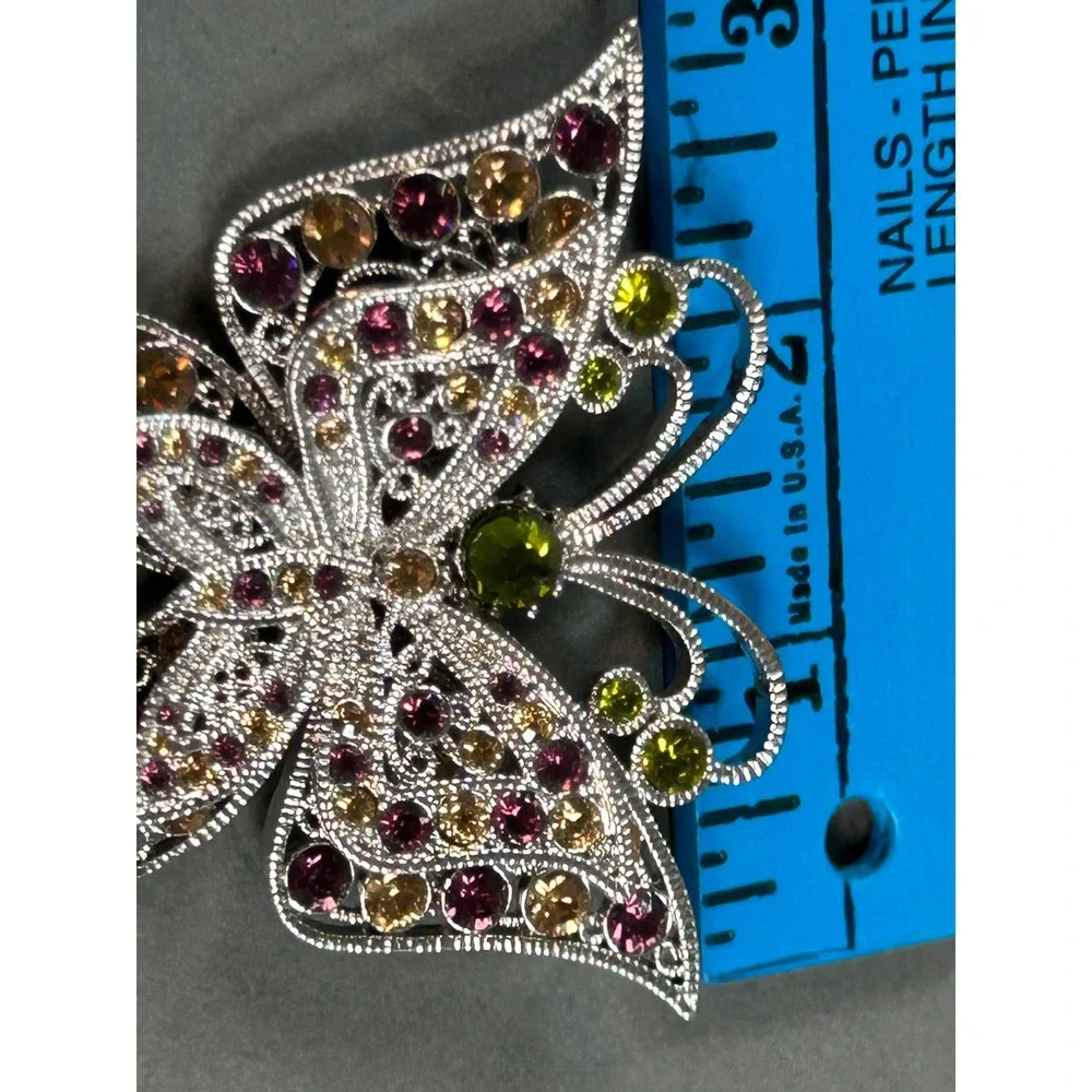 Vintage Style Silver Tone Butterfly Brooch Purple Amber Green Rhinestone Pin